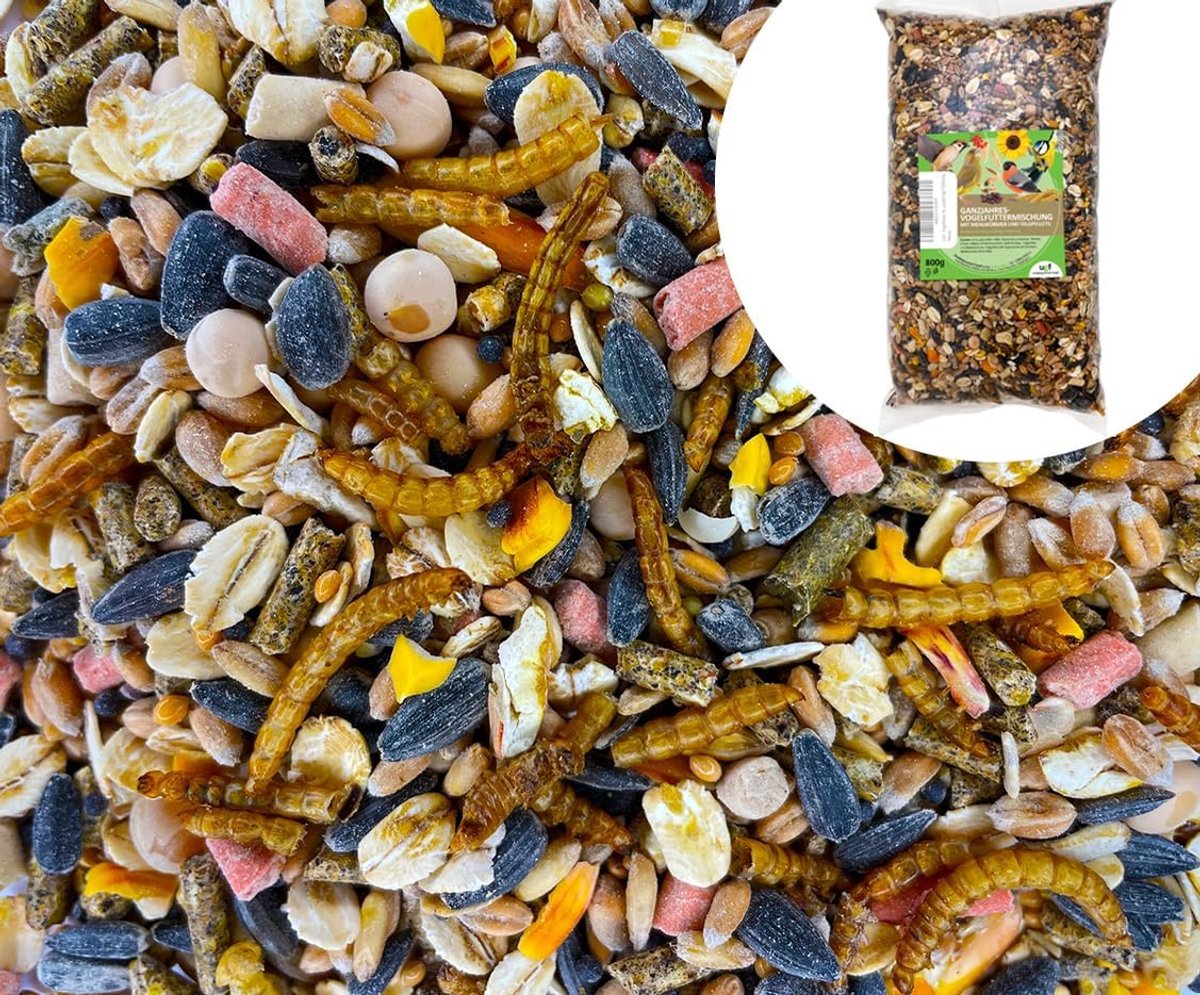 SnelShoppen - UGF Vogelvoer voor Wilde Vogels 800 g - Het Hele Jaar Door - Voedzaam Wildvogelvoer met Zonnebloempitten, Meelwormen en 9 Ingrediënten -