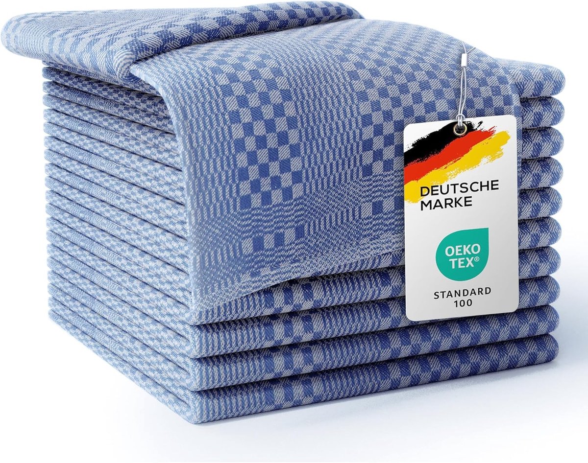 SnelShoppen - Set van 10 Theedoeken - 100% Katoenen Keukenhanddoeken, 220 GSM, Zacht & Super Absorberend, Volledig Twijn, 50x70cm, Blauw - Keuken, Fee