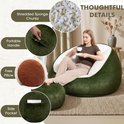 Avocadogroene zitzak met witte voering, draagbare handgreep en zijvak. Inclusief bruin kussen.