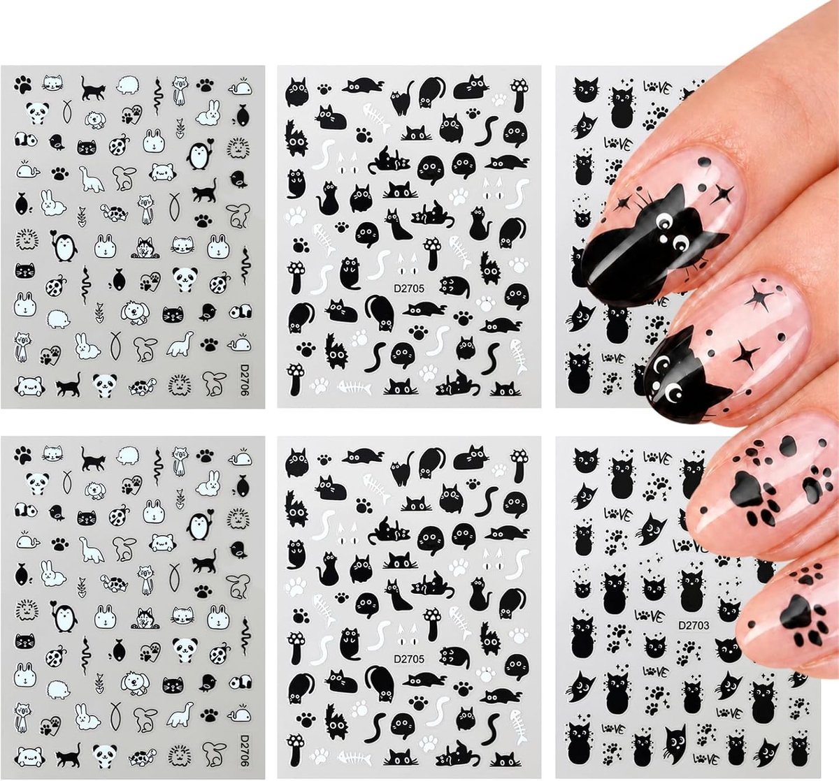SnelShoppen - 6 Stuks Schattige Zwarte Katten Nagelstickers voor Dames en Kinderen - Creatieve Nageltattoos met Kattenpoot Motieven voor Feestelijke M