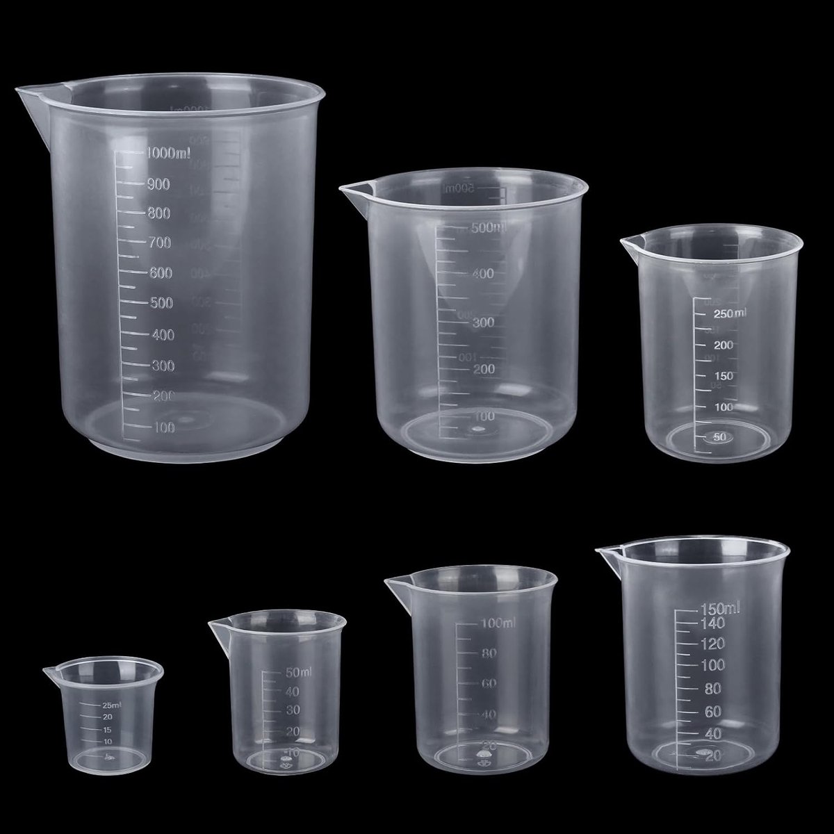 SnelShoppen - Maatbekerset 7 Stuks - Meetbekers 25ml tot 1000ml - Kunststof Maatbekers voor Laboratorium, Keuken en Wasmiddel - Herbruikbaar en Temper
