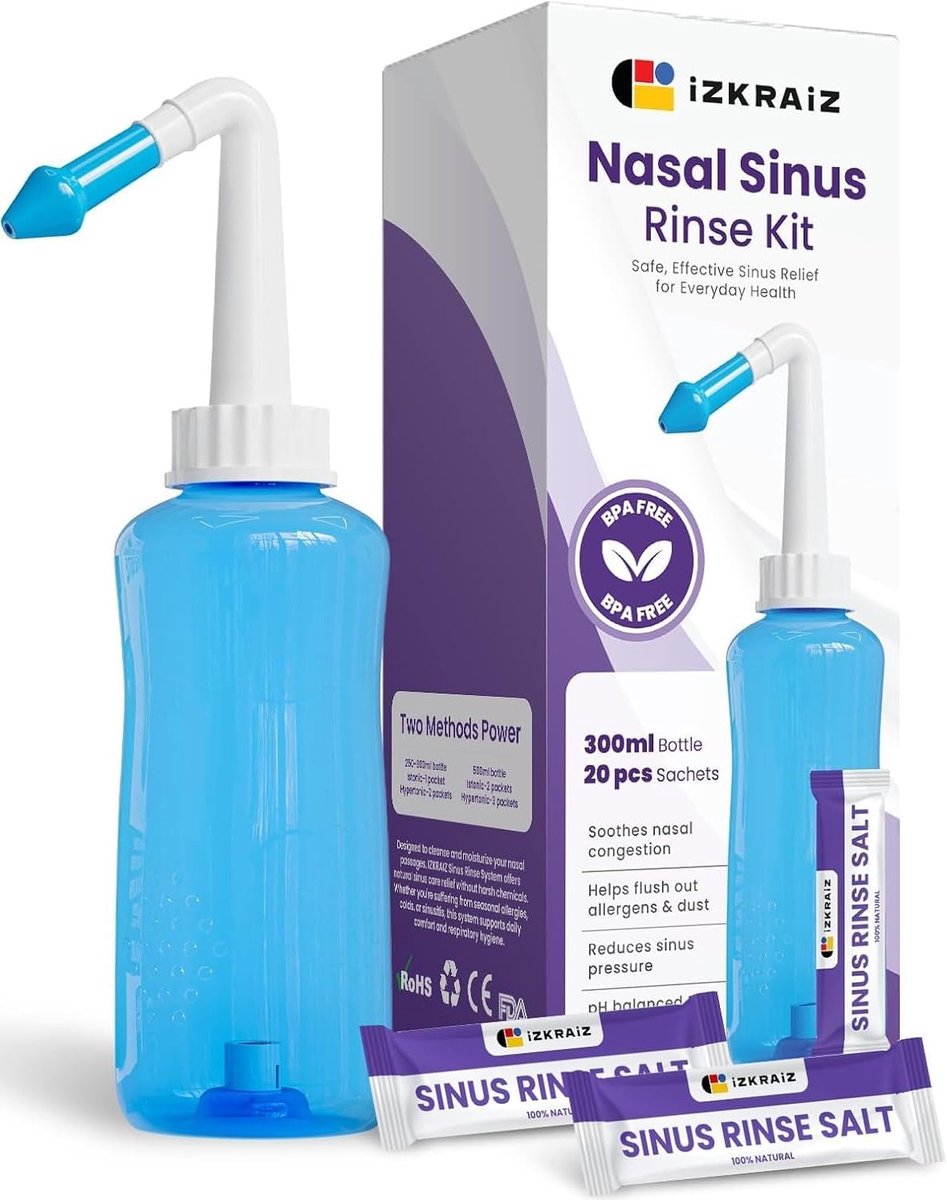 SnelShoppen - Neusspoelset 300ml - Neti Pot voor Sinusverlichting & Nasale Hygiëne - Inclusief 20 Zoutoplossing Zakjes - PH-gebalanceerd voor Effectie