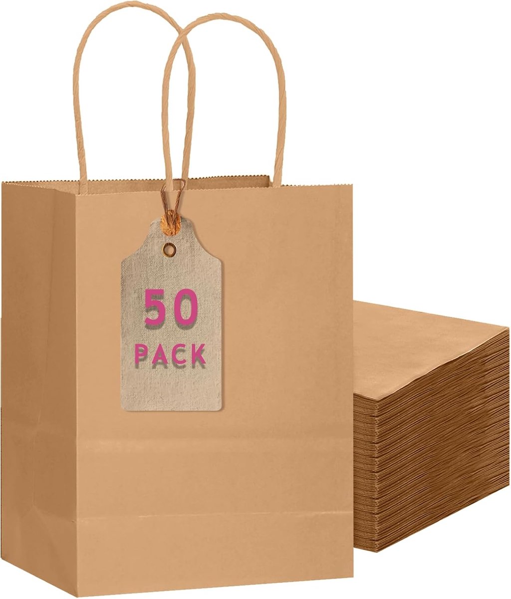 SnelShoppen - 50 Stuks Bruine Geschenkzakjes van Papier met Handvatten - Middelgroot 26,9x21,1x10,9 cm - Feestgeschenkzakjes voor Verjaardagen, Bruilo