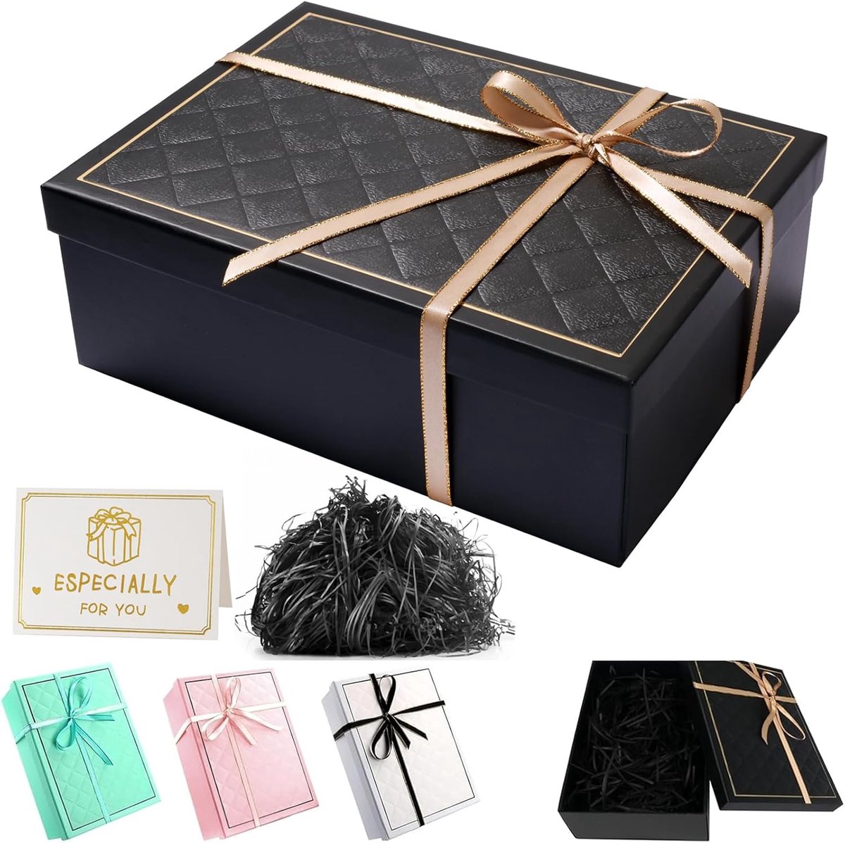 SnelShoppen - Geschenkdoos 25x18x8,5 cm met Deksels, Getextureerde Cadeauverpakking met Lint, Raffia en Wenskaart voor Valentijnsdag, Kerstmis, Verjaa