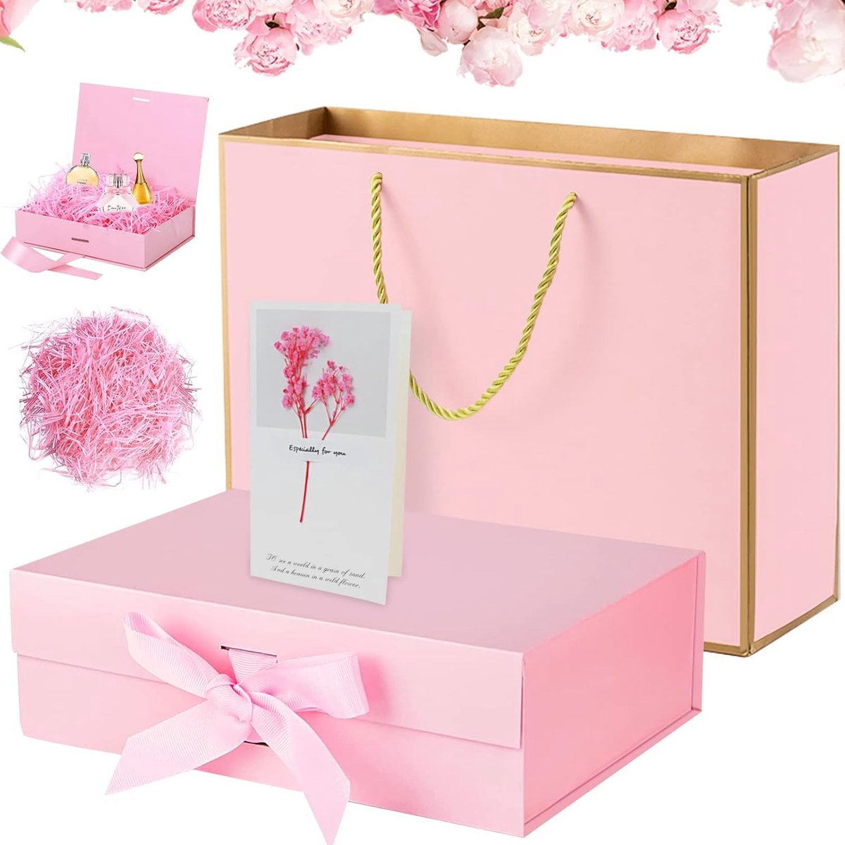 SnelShoppen - Geschenkdoos met deksel 23x17x7 cm - Roze magnetische geschenkdoos met strik - Inclusief vulmateriaal en wenskaarten - Perfect voor brui