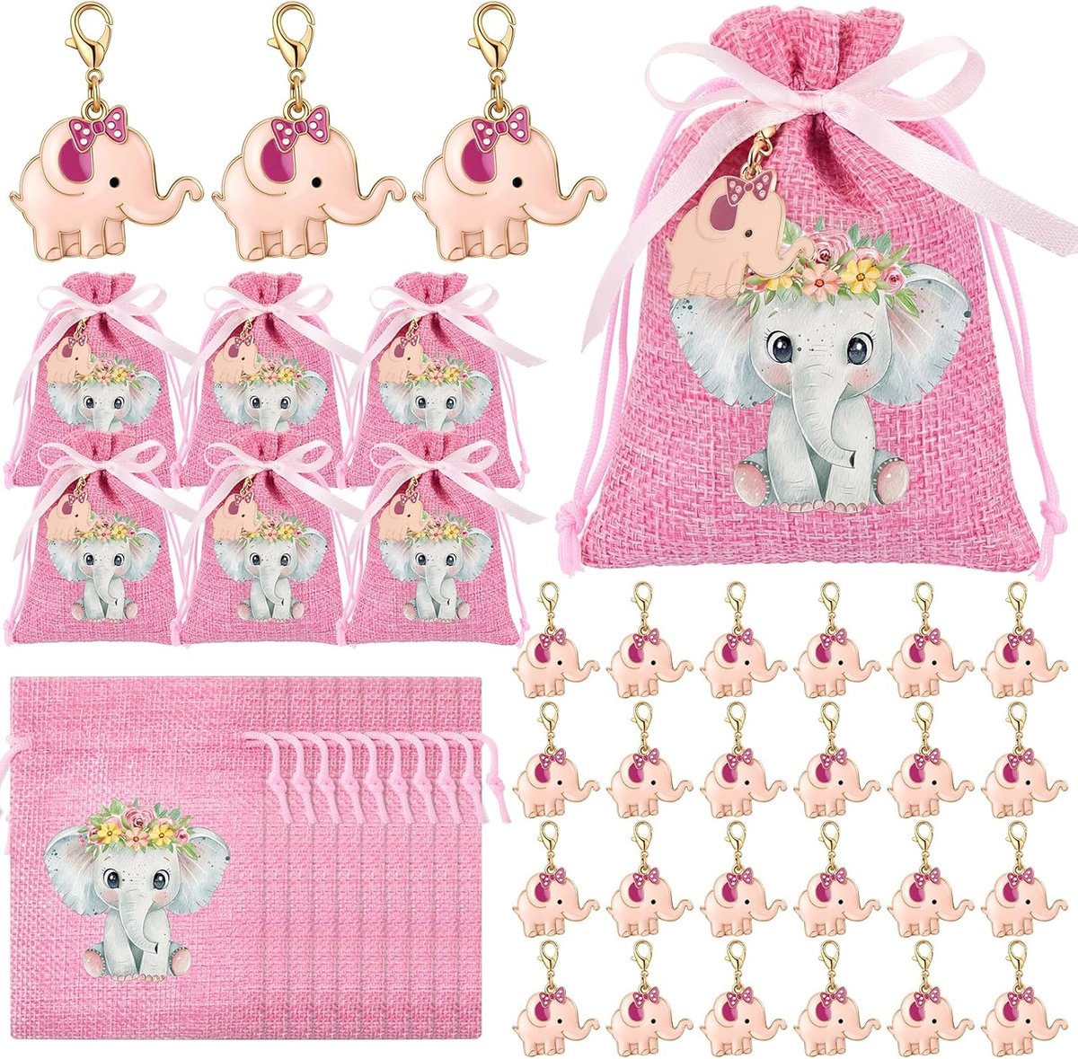 SnelShoppen - 30 Sets Doopcadeautasjes Linnen Dooptasjes met Olifanten Sleutelhangers en Feestlint voor Pasgeborenen, Dopen, Kraamcadeautjes Roze