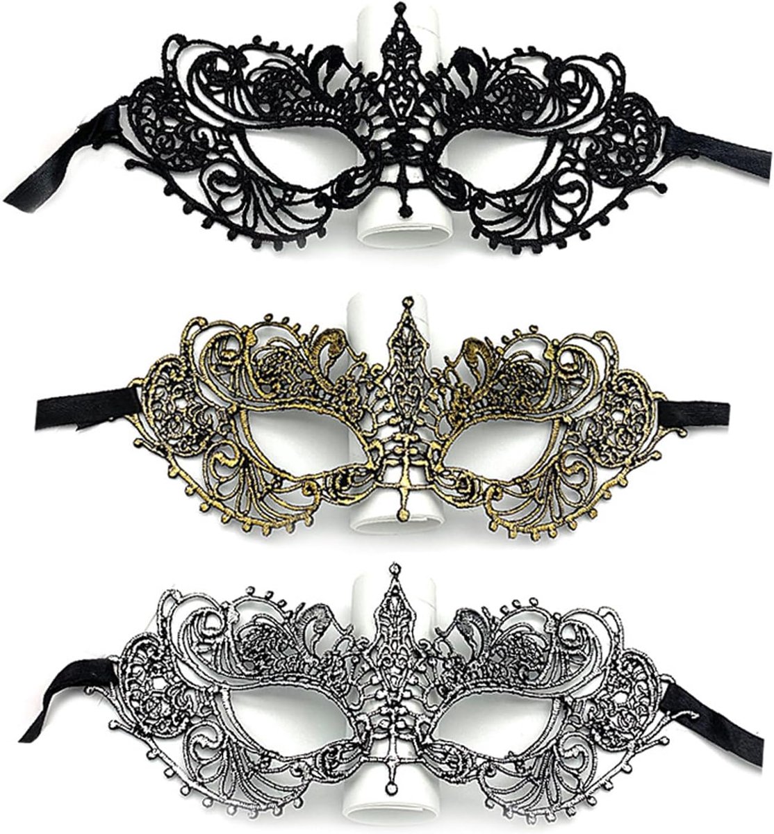 SnelShoppen - 3 Stuks Venetiaanse Kanten Maskers voor Dames, Sexy Oogmaskers in Zacht Goud voor Halloween, Carnaval, Bal, Feest en Cosplay