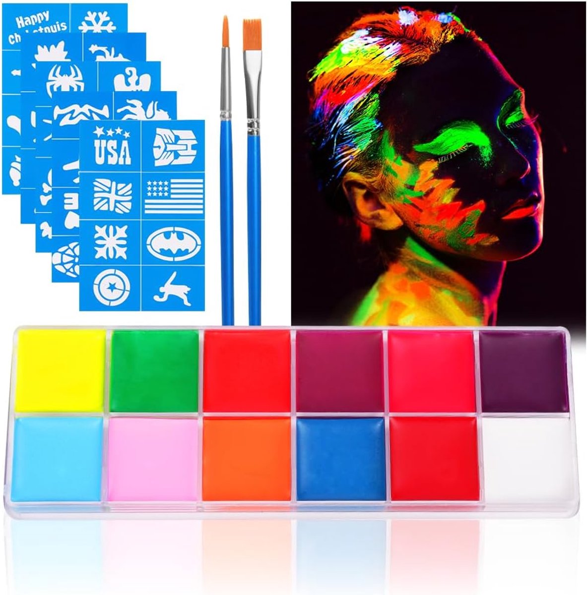 SnelShoppen - URAQT Kinder Make-Up Set - 12 Kleuren UV Bodypainting Make-up Palet - Neon Wasbare Schmink Kleur voor Feest, Verjaardag, Carnaval, Kids