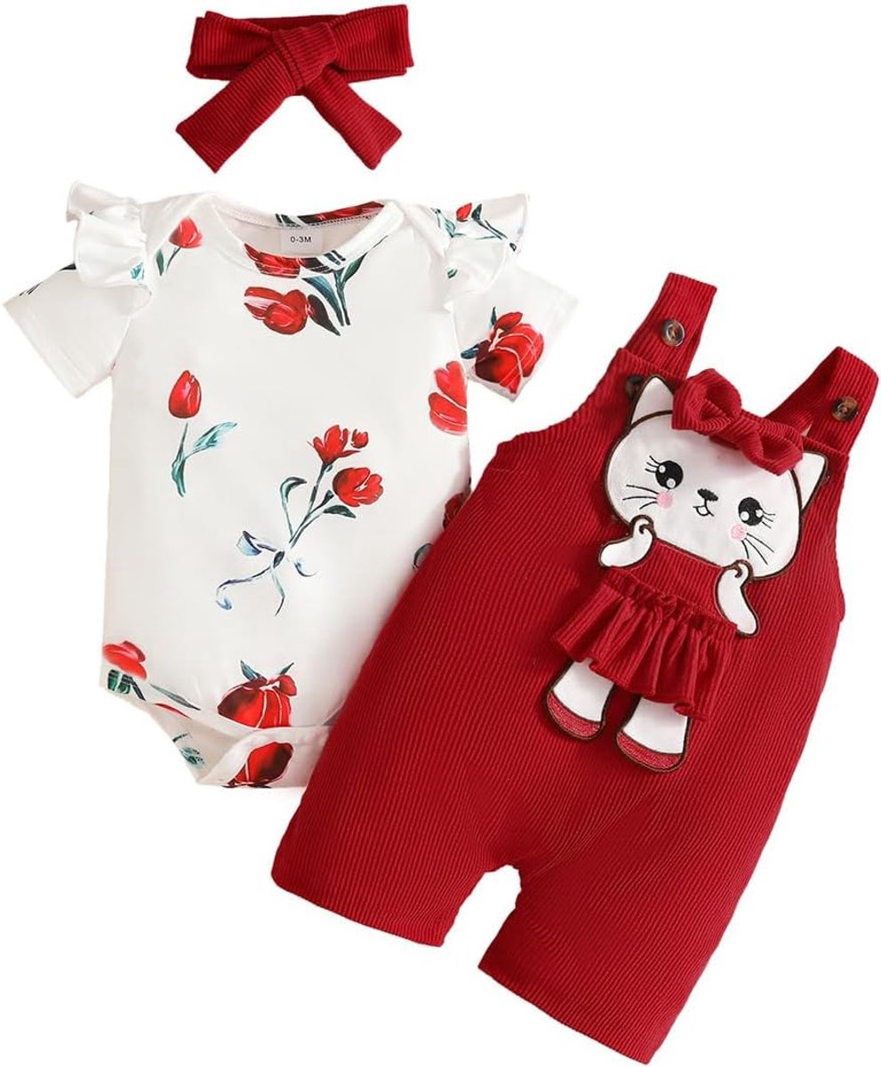 SnelShoppen - Schattige Babykleding Meisjes Set 3-delig - Romper, Tuinbroek & Hoofdband - Ademend, Zacht Materiaal - 0-18 maanden - Herfst, Liefde, Ca