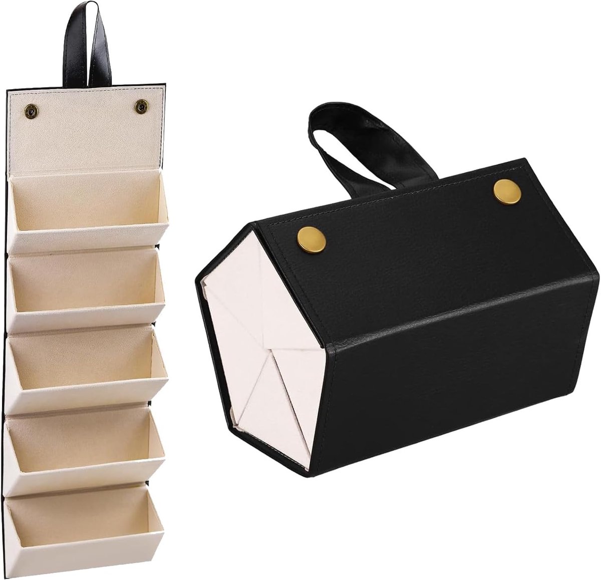 SnelShoppen - PU Lederen Brillenkoker Zonnebril Organizer met 5 Vakken Opvouwbare Brillenbox voor Vrouwen, Mannen en Kinderen, Zwart, 17x12.5x12.5 cm,