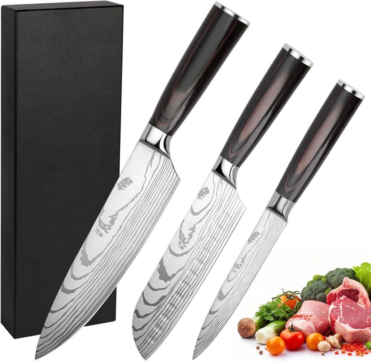 SnelShoppen - Messenset 3-delig, Keukenmessenset met Ergonomische Handgreep, Scherpe Messen van Hoogwaardig Carbon Roestvrij Staal, Koksmes, Santoku M