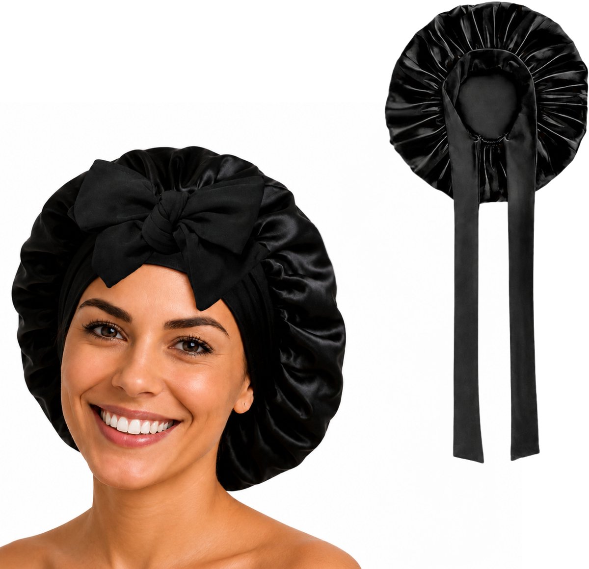 Luxe Bonnet Satijn Verstelbaar - 2 Stuks - Satijnen Slaapmuts - Haarnetjes - Unisex - Zwart