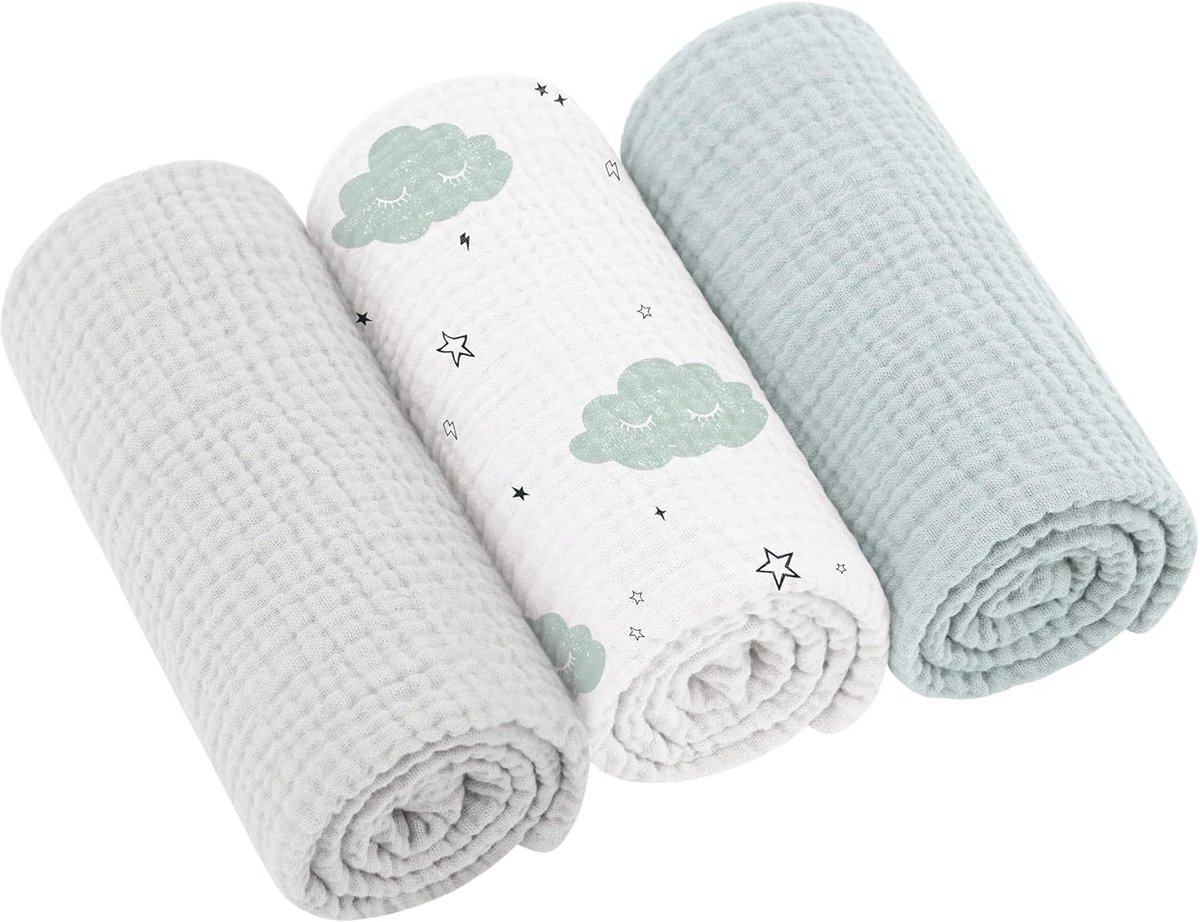 SnelShoppen - Bearmoss Moltontdoeken voor baby's - 100% Katoen - Zachte Spuugdoeken - Ademend en Absorberend - 3 Stuks - 60x60 cm - Blauwe Wolk - Idea