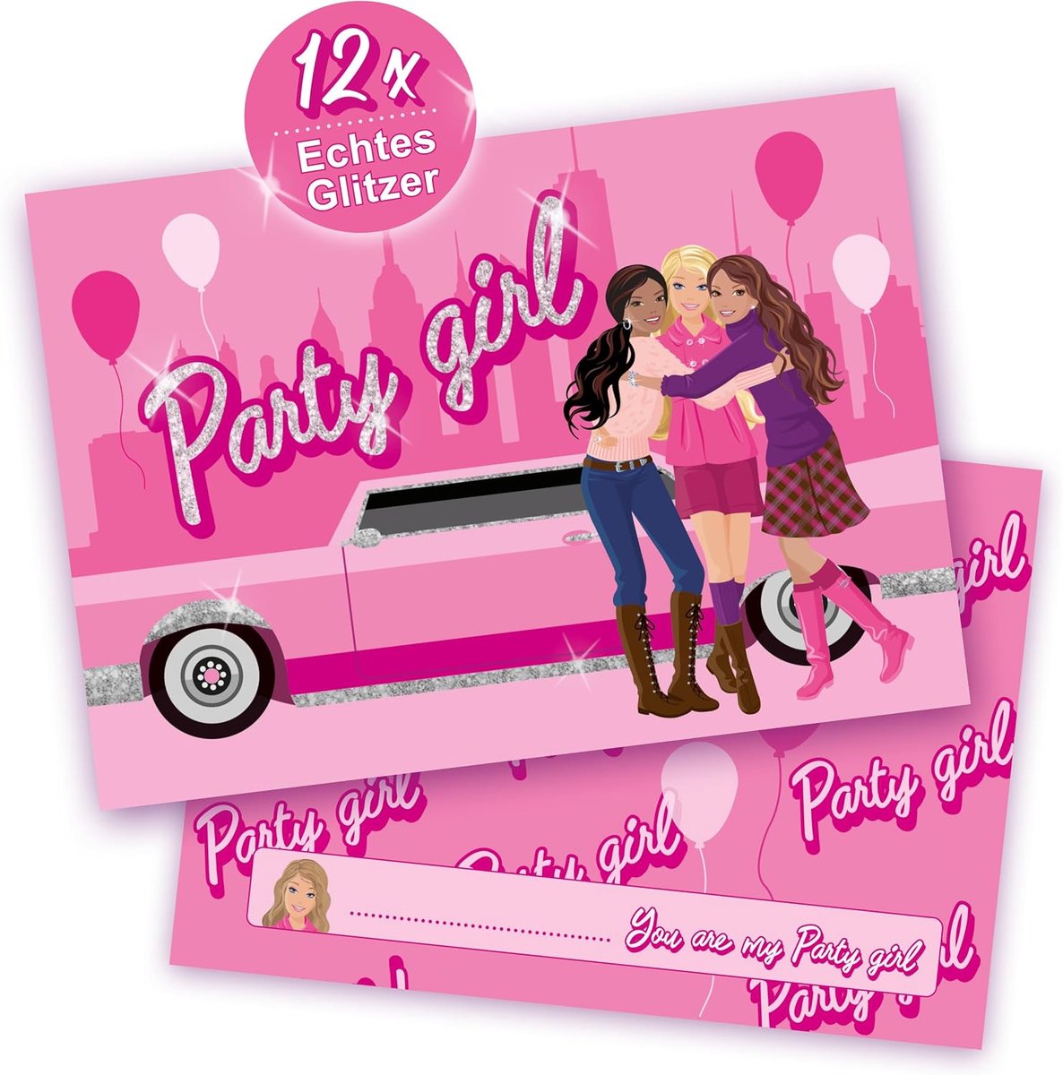 SnelShoppen - Beauty Uitnodigingskaarten met Echte Glitter voor Verjaardag en Feest, 12 Roze Prinsessen Kaarten + 12 Enveloppen voor Coole Meisjes