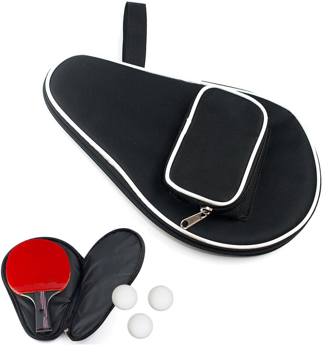 Tafeltennisbat houder voor 2 bats en 3 ballen met extra vak voor accessoires, zwart, universele maat