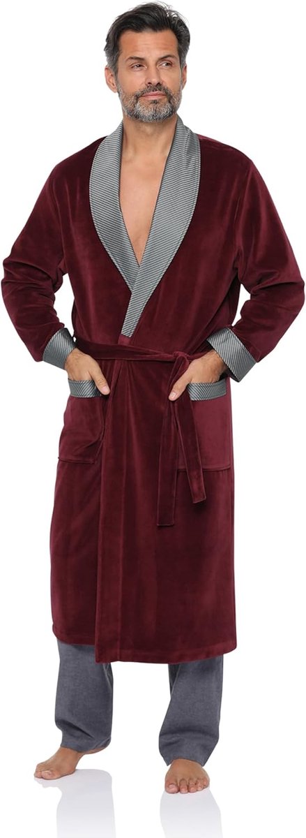 SnelShoppen - Elegante badjas voor heren RE-102 - Zachte velours ochtendjas met twee zakken en lange riem - Maat S, M, L - Perfect voor thuis, wellnes