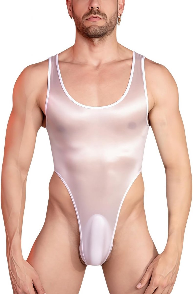 SnelShoppen - Glanzend Heren Bodysuit, Sexy Mouwloos Lingerieset, U-hals String Tanktop, Hoge Pasvorm, Nauwsluitend, Rekbaar, Nachtkleding, Eendelig K