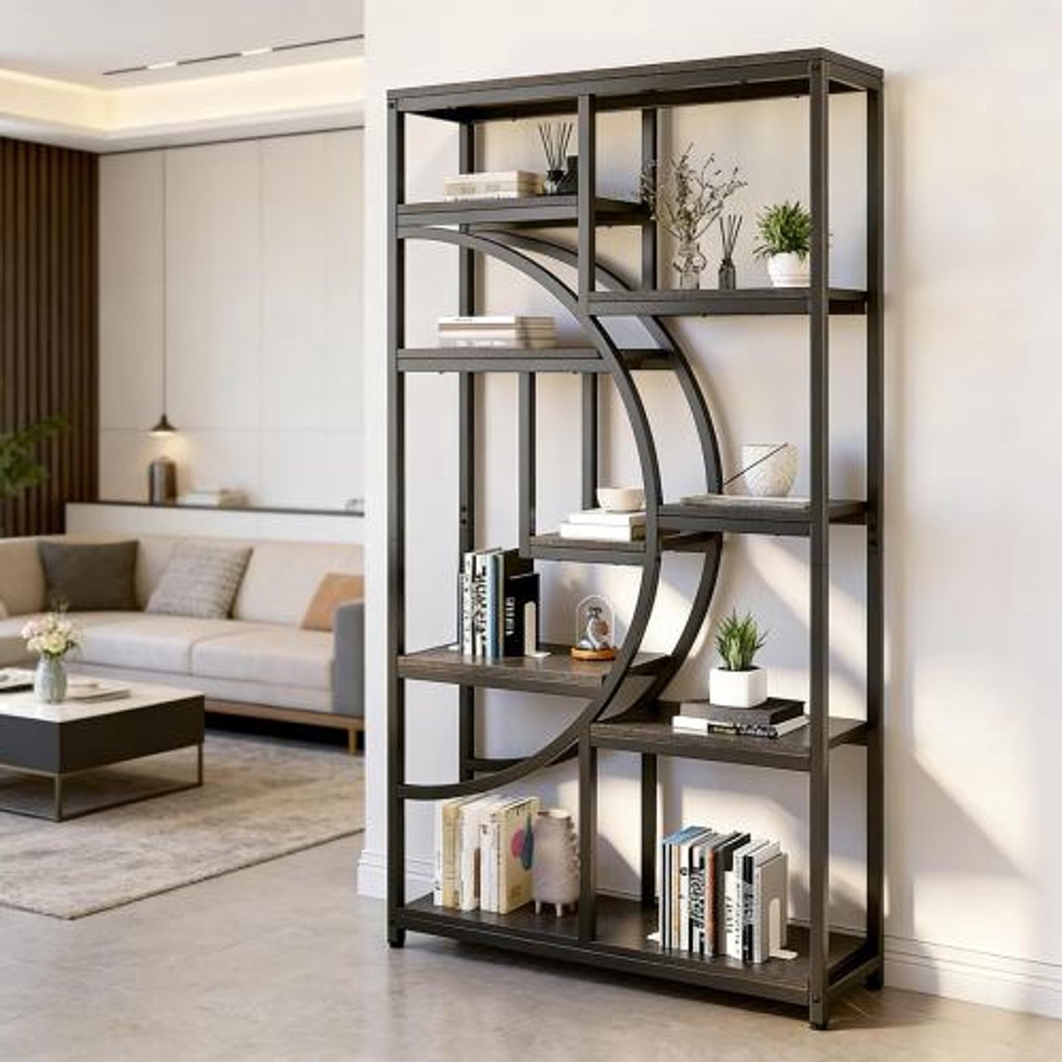 OKWISH Boekenkast – Geometrisch Halvemaan Design – 95 x 30 x 175 cm – Metaal En Hout – Zwart – Open Opbergruimte Met 9 Vakken