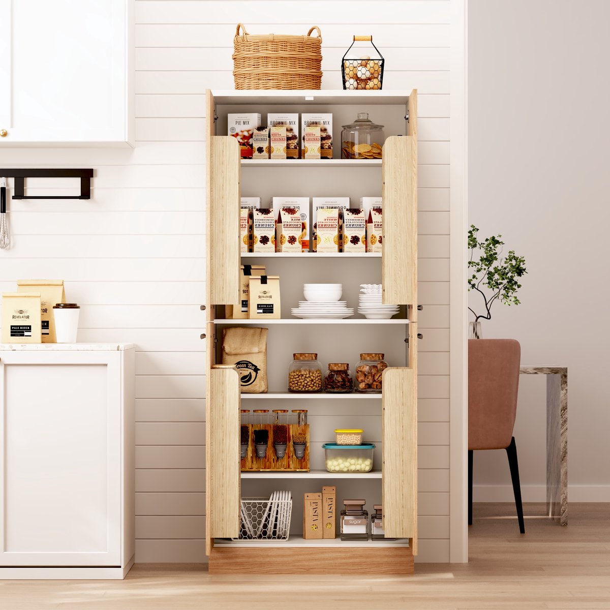 Wishdor - Keukenkast - 4-deurs voorraadkast met verstelbare planken - hoge opbergkast - voor keuken of eetkamer - houtlook en bewerkt hout - wit naturel - 76x42x180 cm