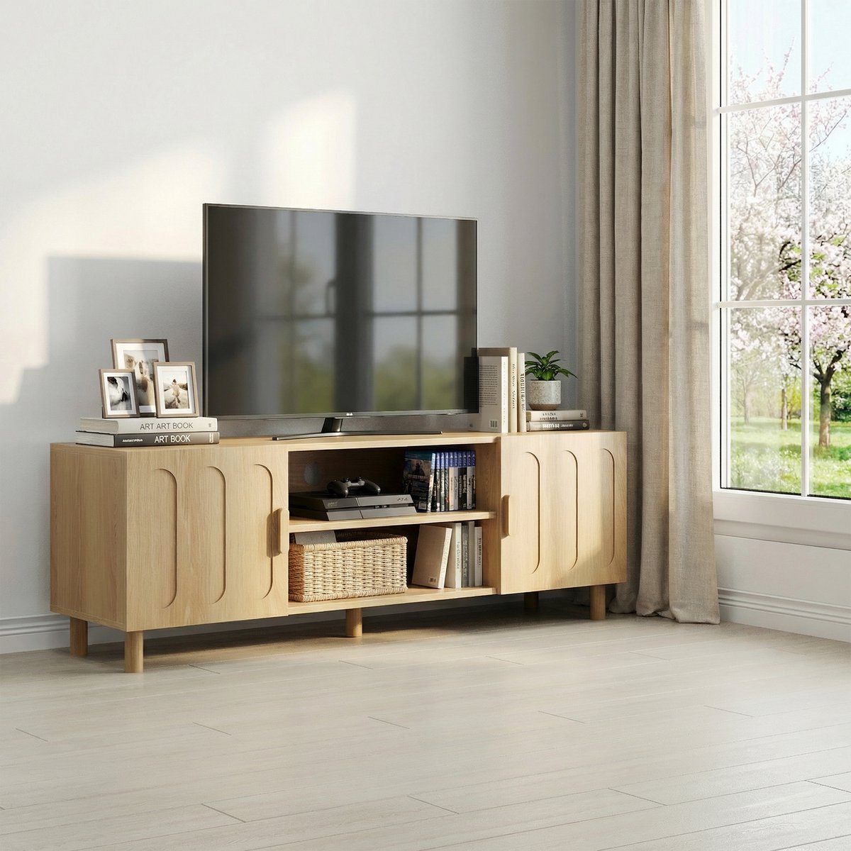 Wishdor - TV-meubel kast - 140 cm met opbergruimte en kabeldoorvoer - landelijk mid-century - woonkamer of slaapkamer - houtlook - eiken - 140 x 40 x 48 cm