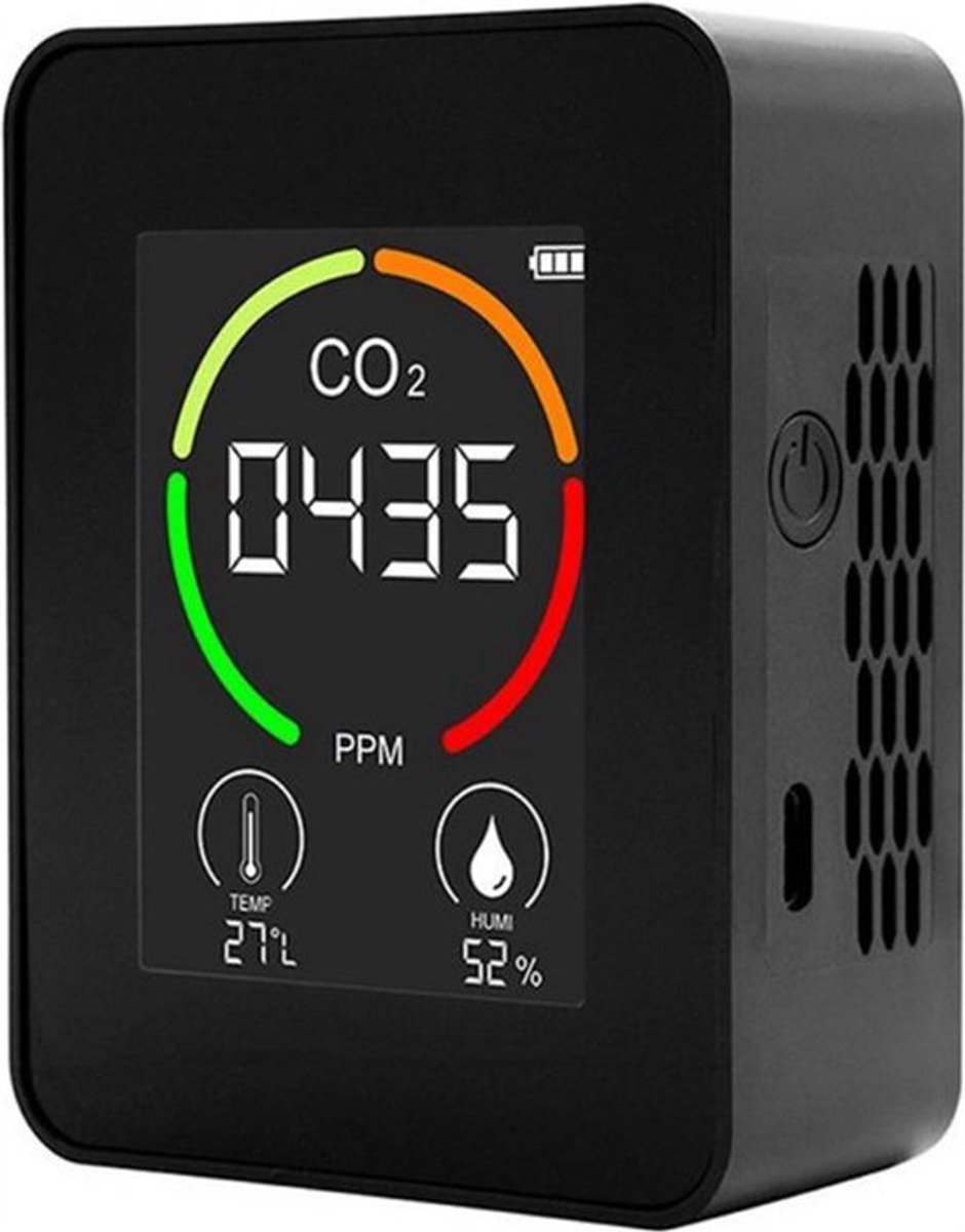 3-in-1 Binnenluchtkwaliteitsmonitor - CO2-meter - Luchtkwaliteitsmeter - Met hygrometer en thermometer - Draagbaar en USB-oplaadbaar - Luchtkwaliteitstest voor thuis, kantoor, school, hotel en auto - Zwart