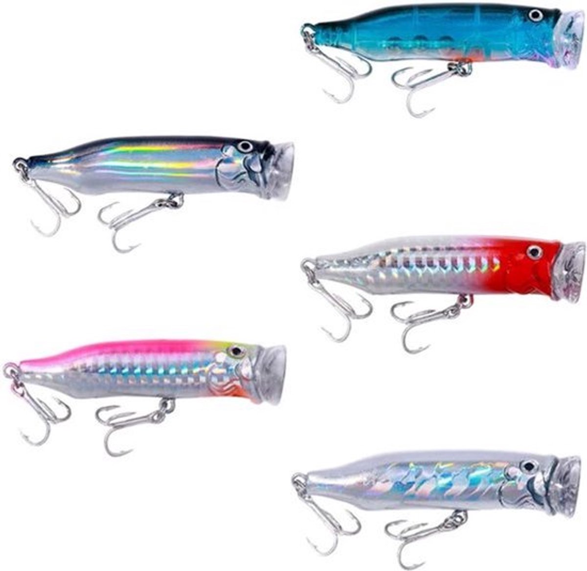 Drijvende Topwater Popper Visaas - 5 Pack, Bass Visgerei voor Snoek, Zalm, Blauwvis - 7.2CM/9.4g Blauw