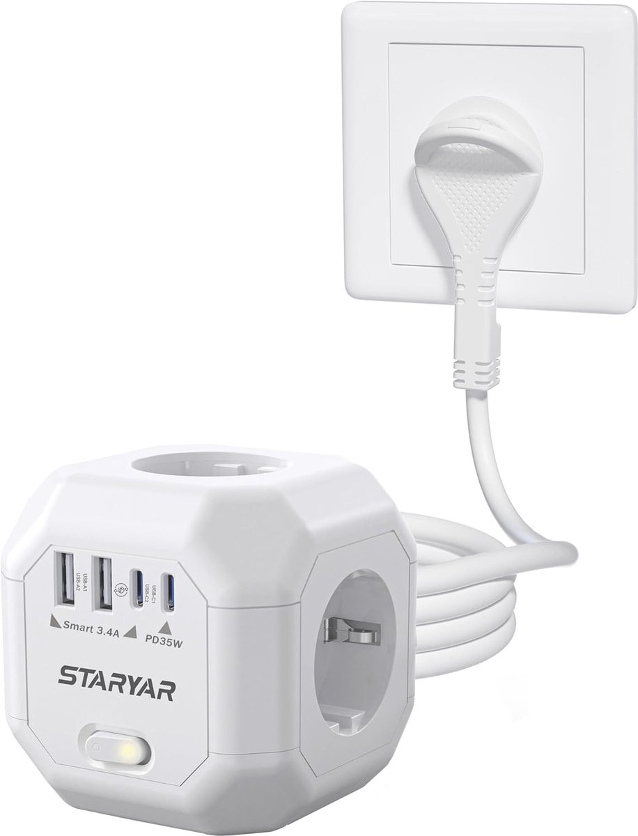 SnelShoppen - 4-Way Plug Cube met USB, 35 W Power Strip, 4000 W Stekkerdoos met Schakelaar, 2 m Verlengsnoer voor Thuis, Kantoor en Camping