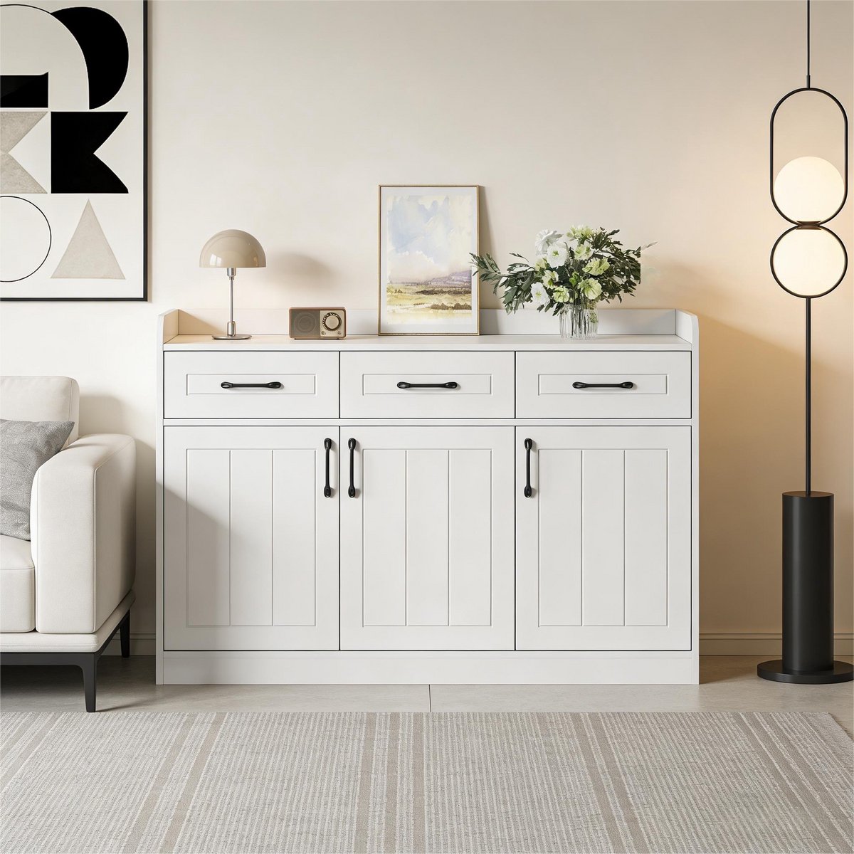 Wishdor - Dressoir - 3 laden en 3 deuren - verstelbare planken - Scandinavische woonkast voor woonkamer of hal - houtlook wit - 120 x 35 x 80 cm