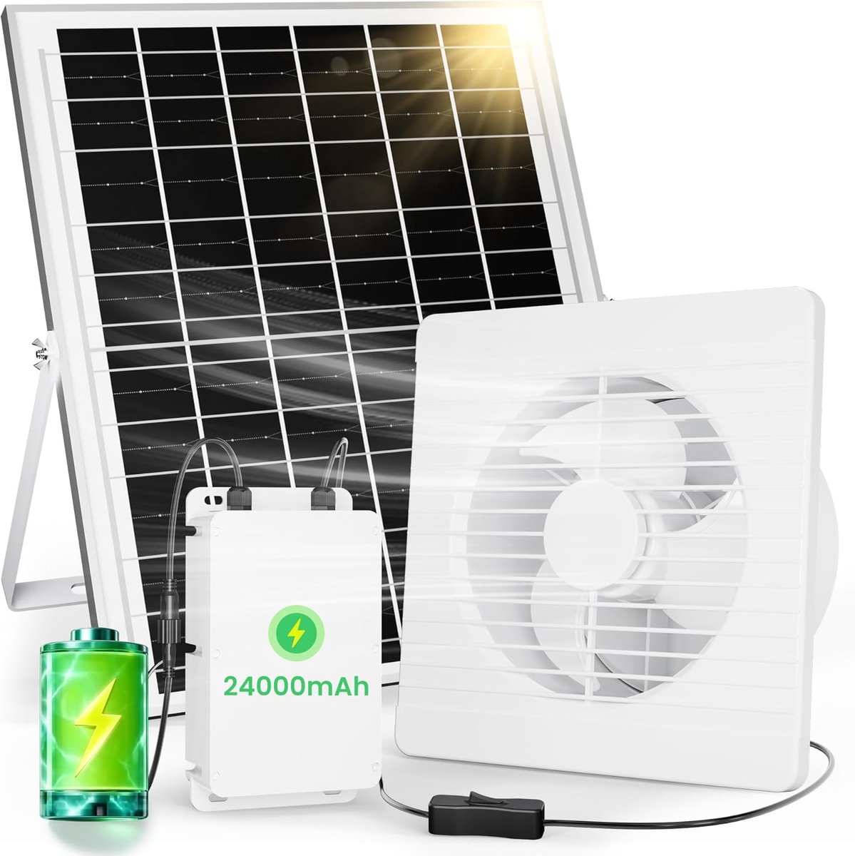 Thijox - Zonne-afzuigventilator met 24000mAh batterij, 25W Ventilator op Zonne-energie met Anti-terugstroomklep voor Schuur, Kippenhok, Kas en Huisdie