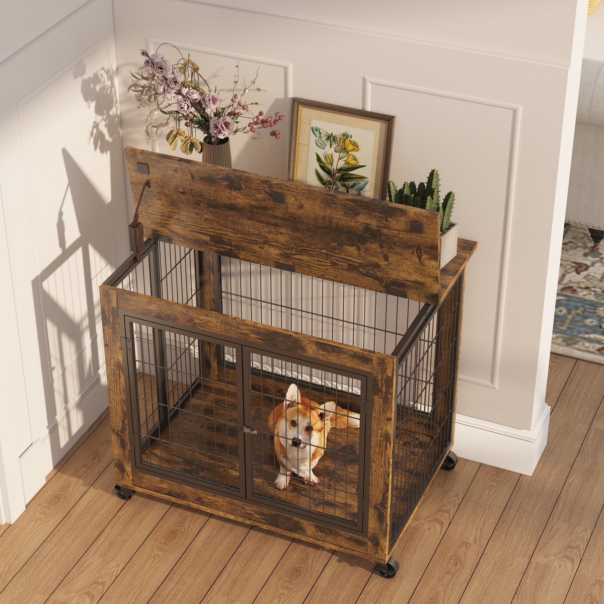 DESMIU Hondenbench – Meubelstijl Met Drievoudige Toegang – 80 x 56 x 69,5 cm – Hout En Staal – Zwart Bruin – Voor Binnen Met Rolwielen