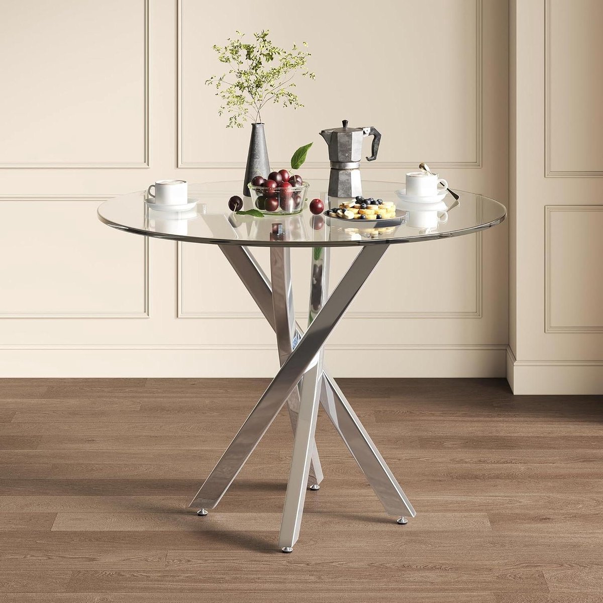 Eettafel Rond - Eettafel Modern - Gezellig Tafelen - Gekruiste Poten - 80 x 80 x 75 cm - Zilver