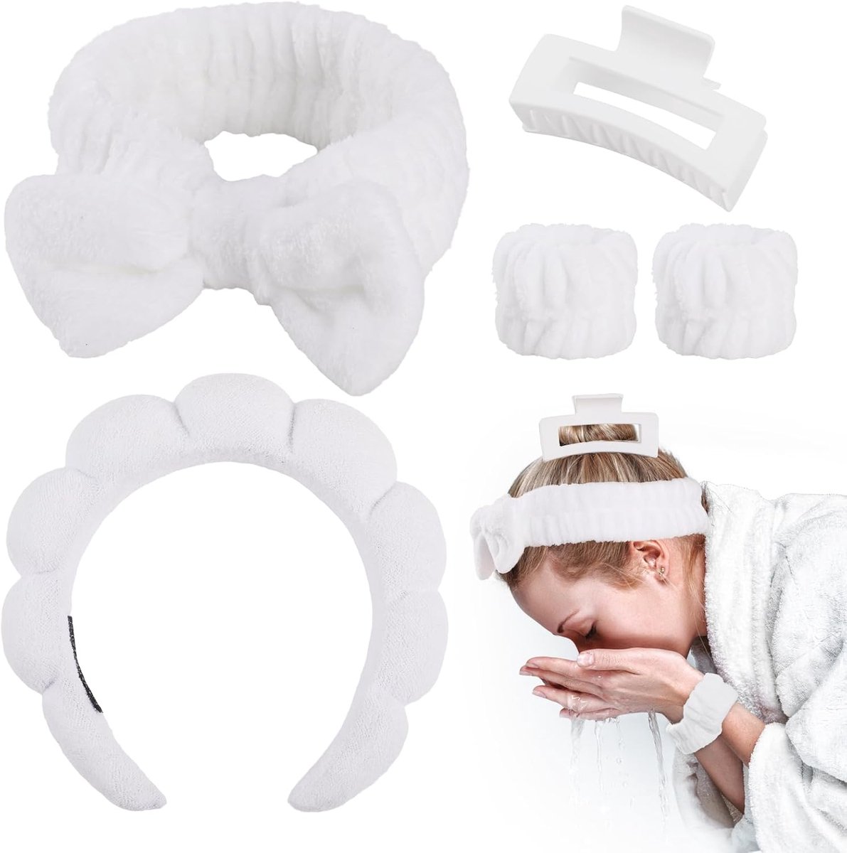 SnelShoppen - 5-delige Spa Gezichtsreinigings Set met Haarbanden, Make-up Band, Polspons en Haarspelden (Wit) - Perfect voor Thuis Spa, Gezichtsbehand