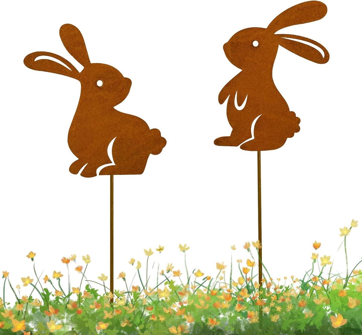 Paashaas Decoratie - Tuinbeeld Set - Tuin Aankleden - Roestige Afwerking - 25 cm Hoog - Roestbruin