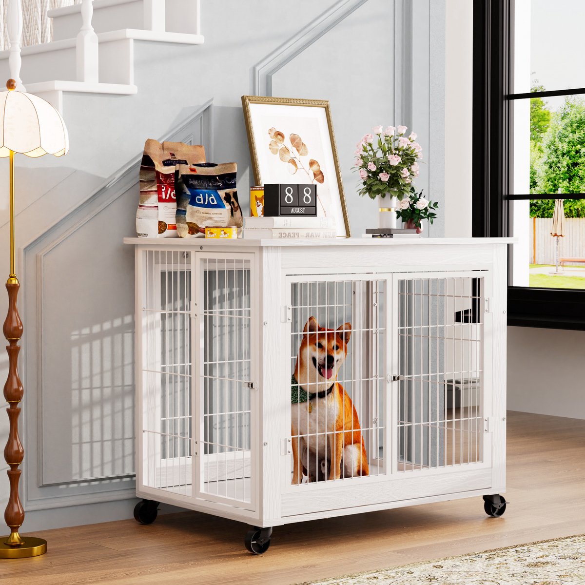 Hondenbench – Meubelstijl met Wielen en Opklapbaar Dak – 80 x 56 x 69,5 cm – Hout en Staal – Wit