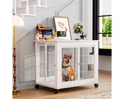 Hondenbench – Meubelstijl met Wielen en Opklapbaar Dak – 80 x 56 x 69,5 cm – Hout en Staal – Wit