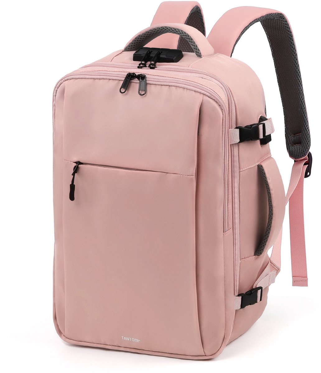 TANTOMI - Handbagage Rugzak - 23L - 43x30x18 cm - Spatwaterdicht - Underseater - 14 inch Laptopvak - met USB-poort en geïntegreerd antidiefstal cijferslot - Reistas voor Dames & Heren - Weekendtas - Roze