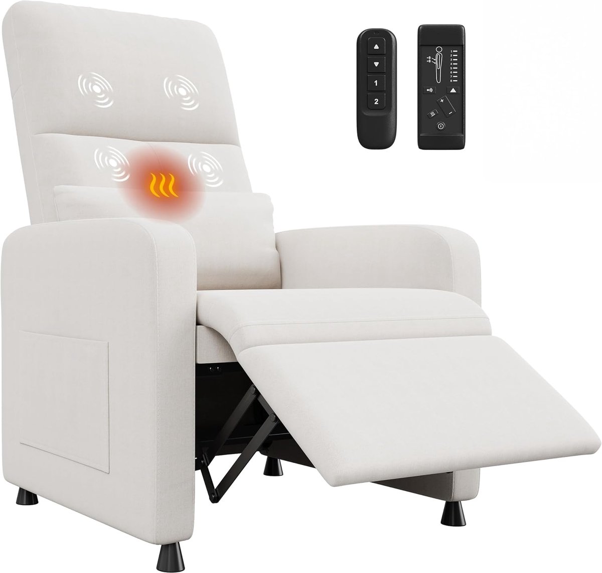 Elektrische Relaxstoel met Massage en Verwarming - Verstelbare TV-stoel (105-165°) - Linnen Look - Max. 180 kg - Inclusief Afstandsbediening & Geheugenfunctie - wit