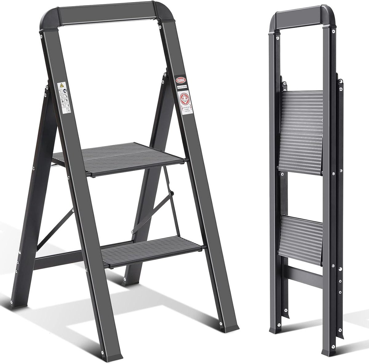 Trapladder 2 treden - Vouwladder opstapje - Huishoudelijk klussen - Met leuning en klapbeveiliging - Max 150 kg - Zwart