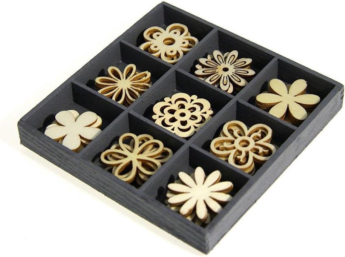Houten Sierdoos - Decoratieve Doos - Knutselen en Hobby - Met Houten Ornamenten - 10.5x10.5cm - Naturel