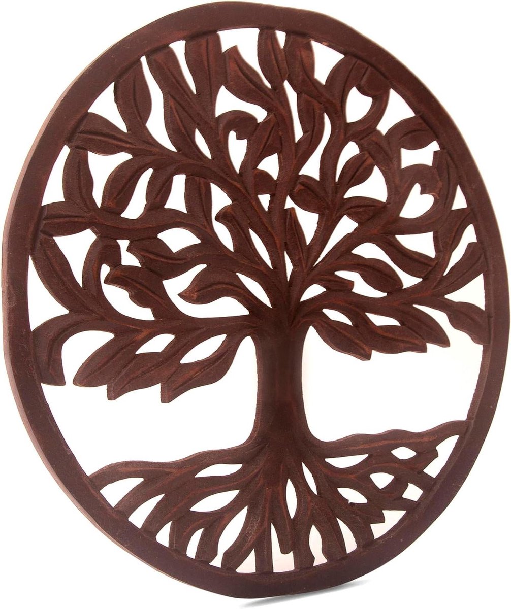 Wanddecoratie Levensboom - Houten paneel - Woonkamer decoreren - Handgemaakt ontwerp - 30 cm diameter - Rustiek bruin