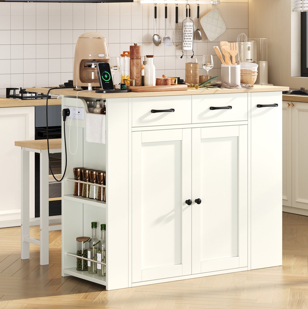 Wishdor - Keuken eiland - Uitschuifbaar met 2 stoelen - Schuifdeur en opbergruimte - Modern - Keuken en eetkamer - Houtlook - Wit - 120 cm
