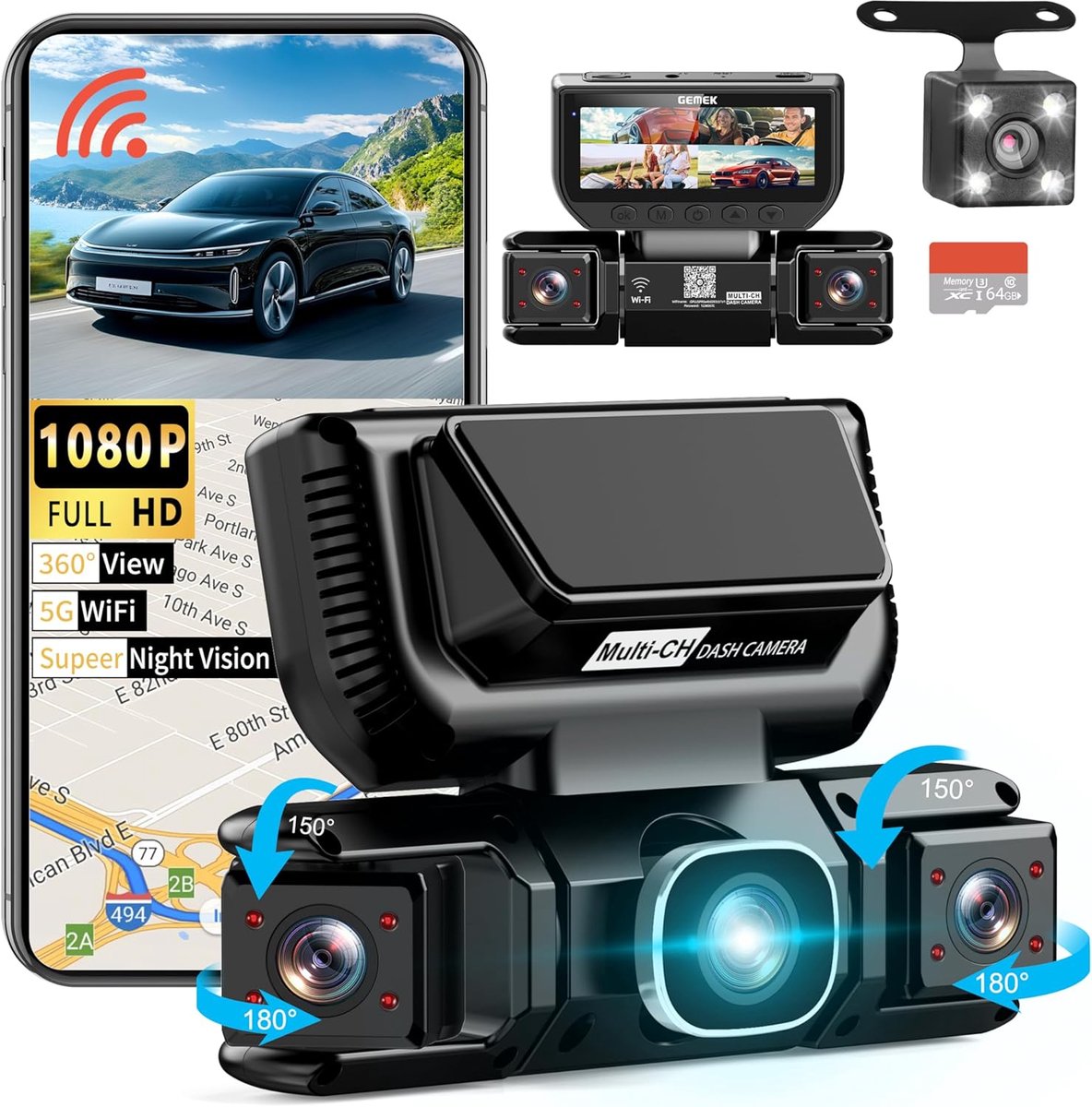 SnelShoppen - 360 Graden Dashcam met 4-Kanalen, 5G Wifi, 2K Voor- en Achtercamera, Nachtzicht, G-Sensor, Parkeermodus, Inclusief 64 GB TF Kaart voor A