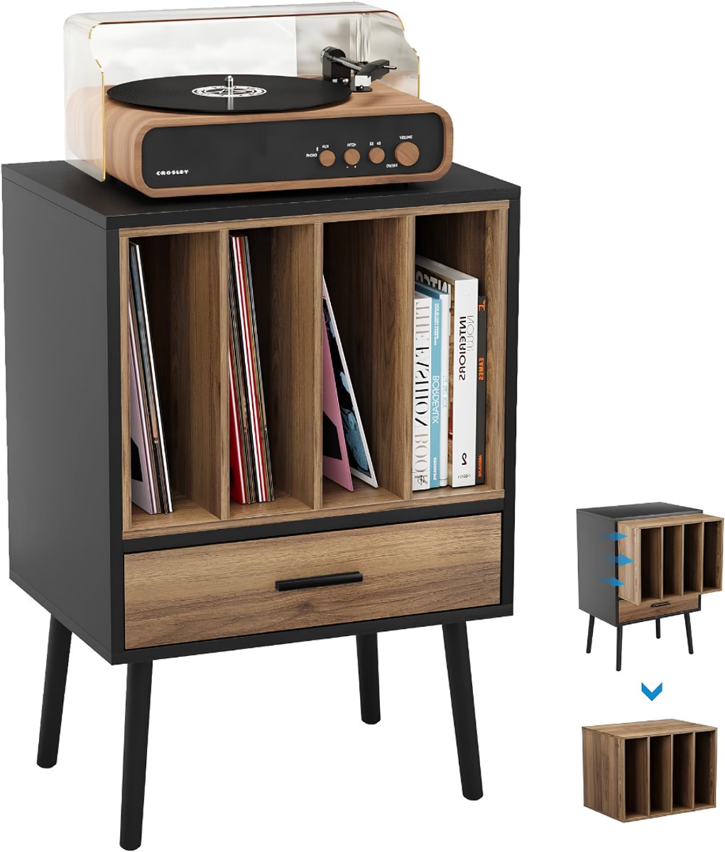 SP® Platenspeler Meubel - 4 Opbergruimte Scheidingswanden - Platenspelerkast - LP Opbergsysteem - Zwart/Bruin - 51cm x 37cm x 74cm