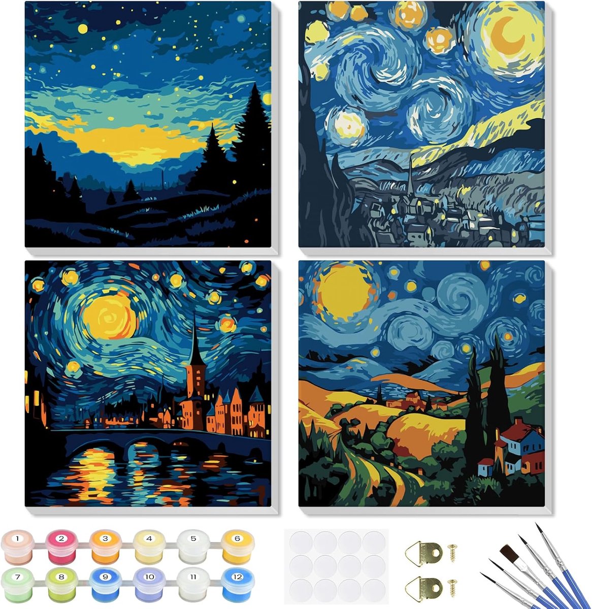 SnelShoppen - Verf op Nummer Kit voor Volwassenen en Kinderen - 4-Pack Canvas Schilderen op Nummer Sterrenhemel - Inclusief Houten Frame en Klittenban
