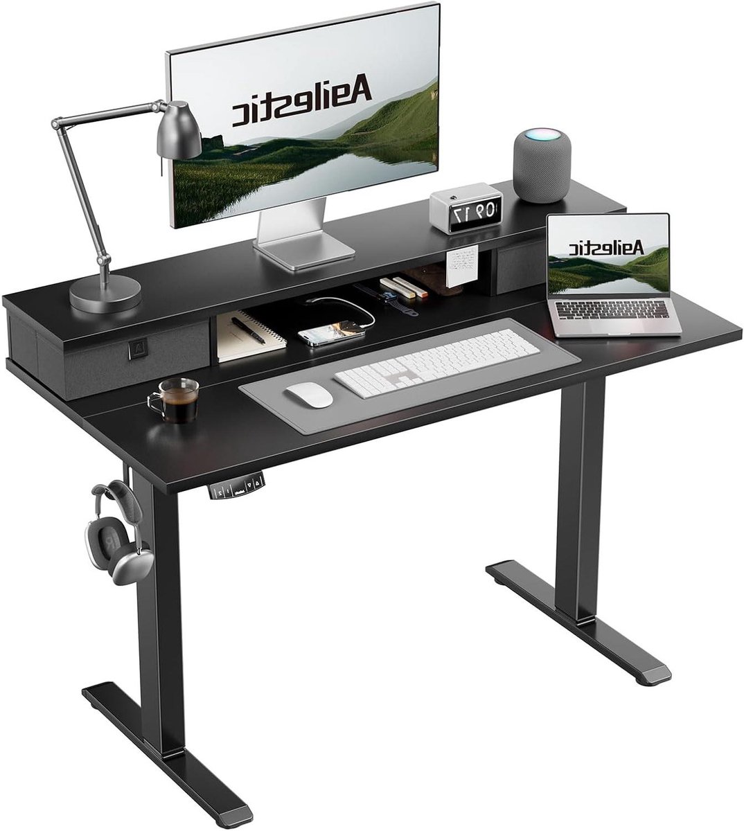 Elektrisch Bureau - Zit-sta bureau - Ergonomisch Werken - Met 2 Lades - 100 x 60 cm - Zwart