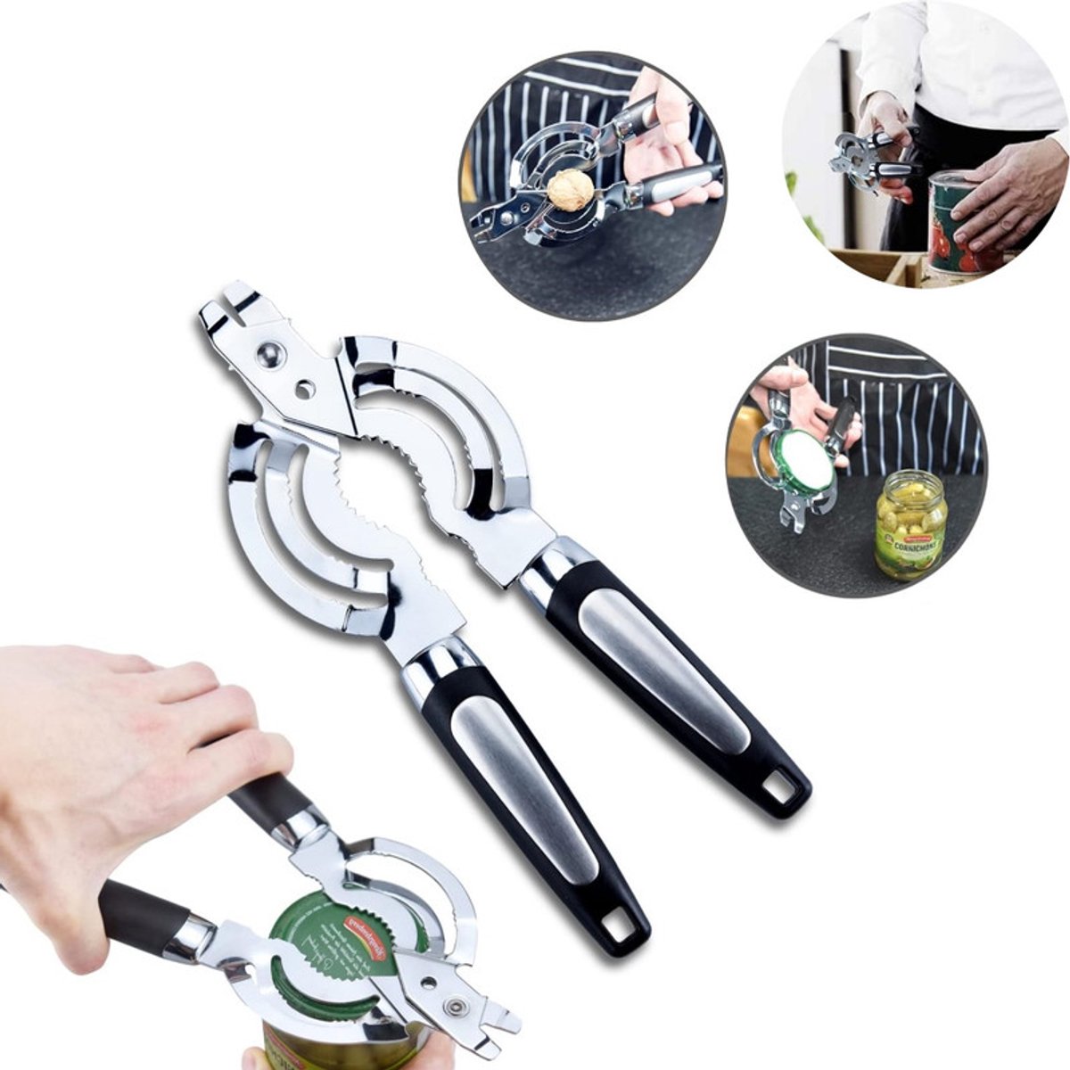 Roestvrijstalen blik- en flesopener – Compacte en gebruiksvriendelijke opener – Multifunctionele opener (geschikt voor mensen met beperkte handkracht) – Bierflesopener – Keukenhulp – Moeiteloos blikken, flessen en barartikelen openen.