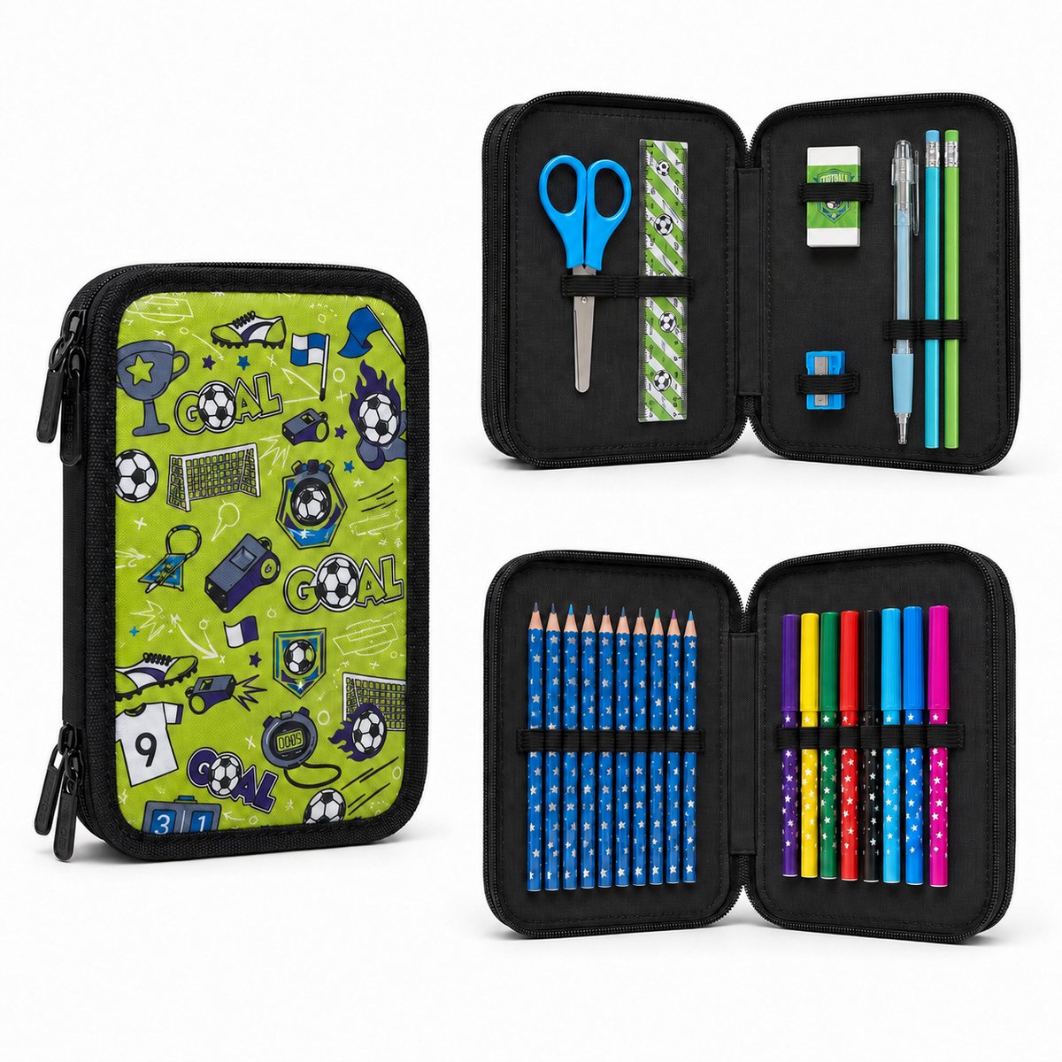 Complete 25-delige schrijfwaren set in een stevige dubbele etui met voetbalprint en twee afzonderlijke ritsvakken.