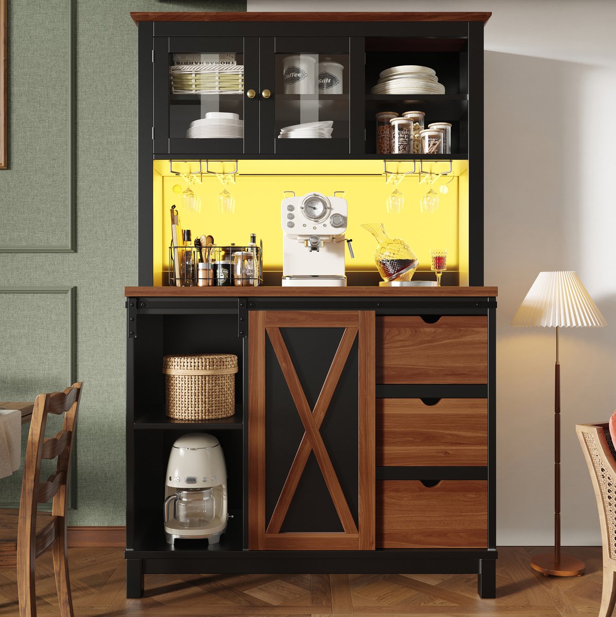 Wishdor - Keukenkast - LED verlichting met app-bediening - schuifdeur en 3 lades - modern hoogkast voor keuken of eetkamer - glas, metaal en houtlook - zwart - 104 x 40 x 180 cm