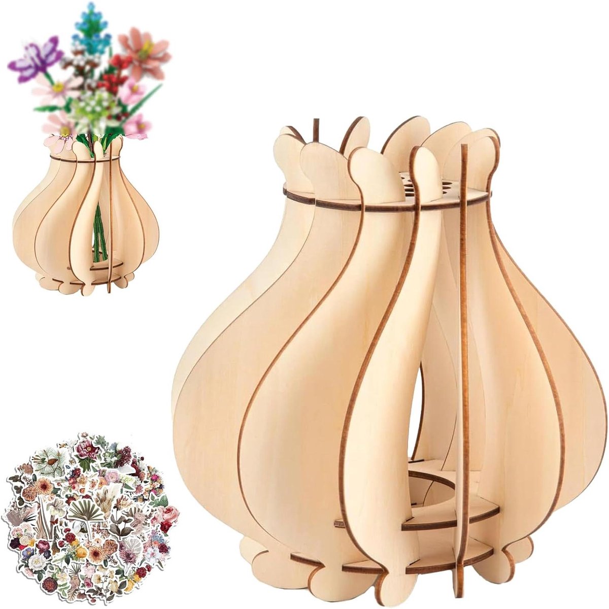Houten Puzzel Vaas - Bloemen Decoratie - Bloemstuk Maken - Incl. 40 Stickers - 21 Openingen - Natuurlijk Hout