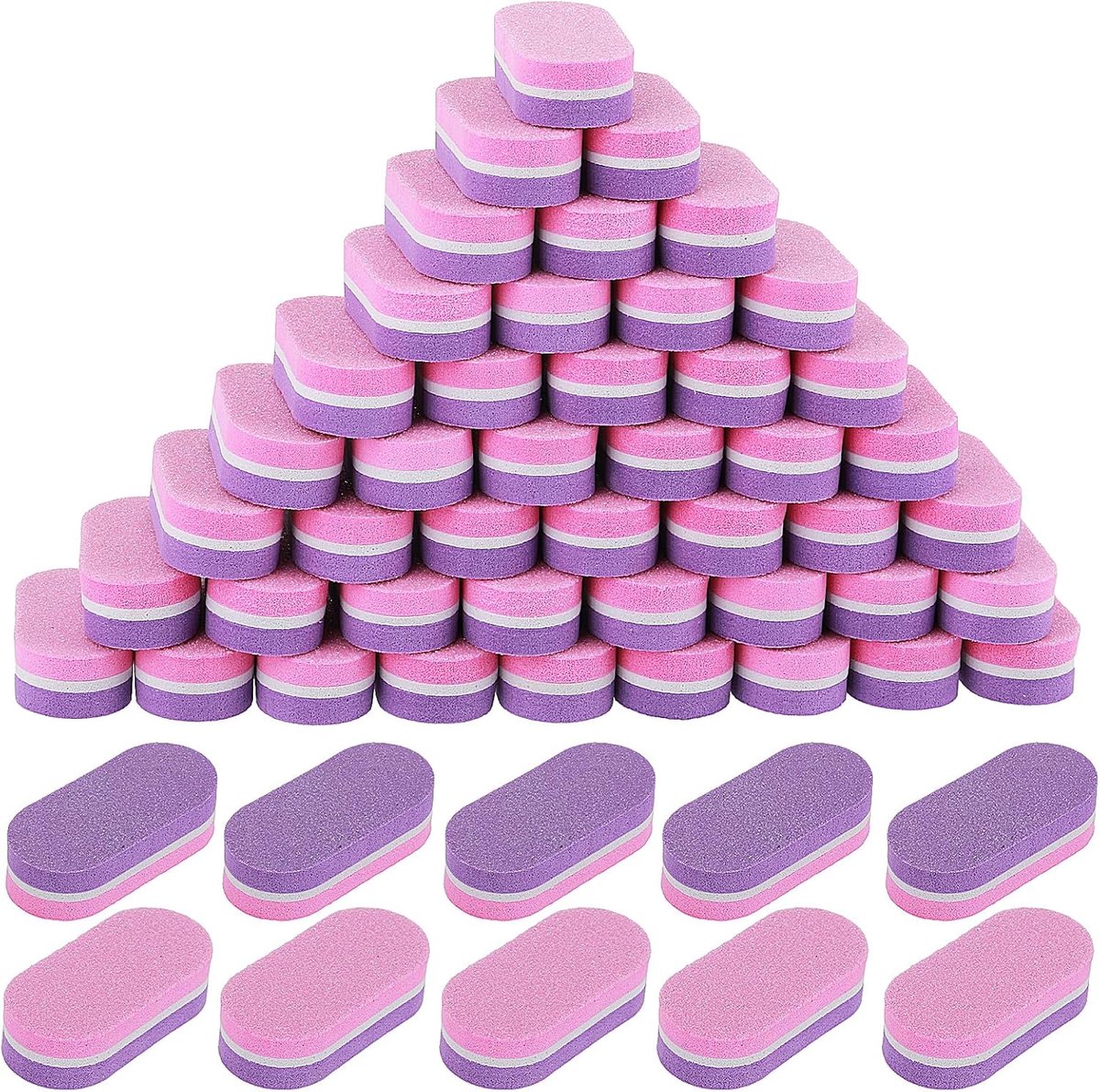 Allecto Plus - Mini-spons nagelbuffer blokken - 50 stuks - 100/180 Grit - Dubbelzijdige nagelvijl - Acrylnagels gladmaken en polijsten - Roze en paars - Nagelvijlen en buffers